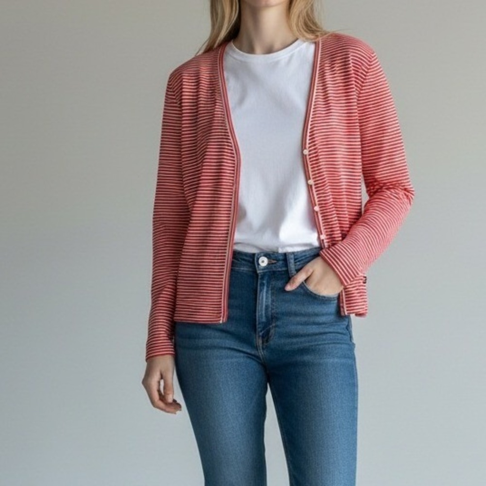 Nautica Jeans Company Womens Red White Striped V-Neck Cotton Cardigan Size Large